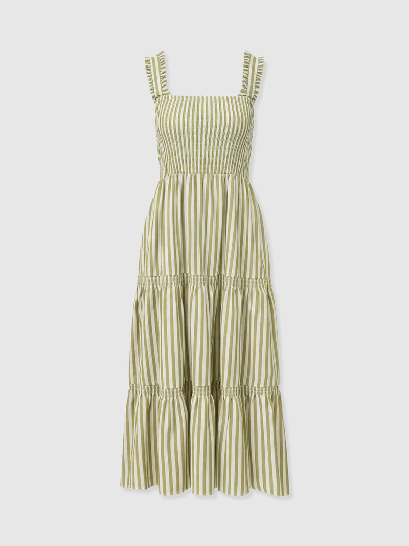 Maya Shirring Dress - Green Stripe - Women's Dresses | Saint and Sofia® USA