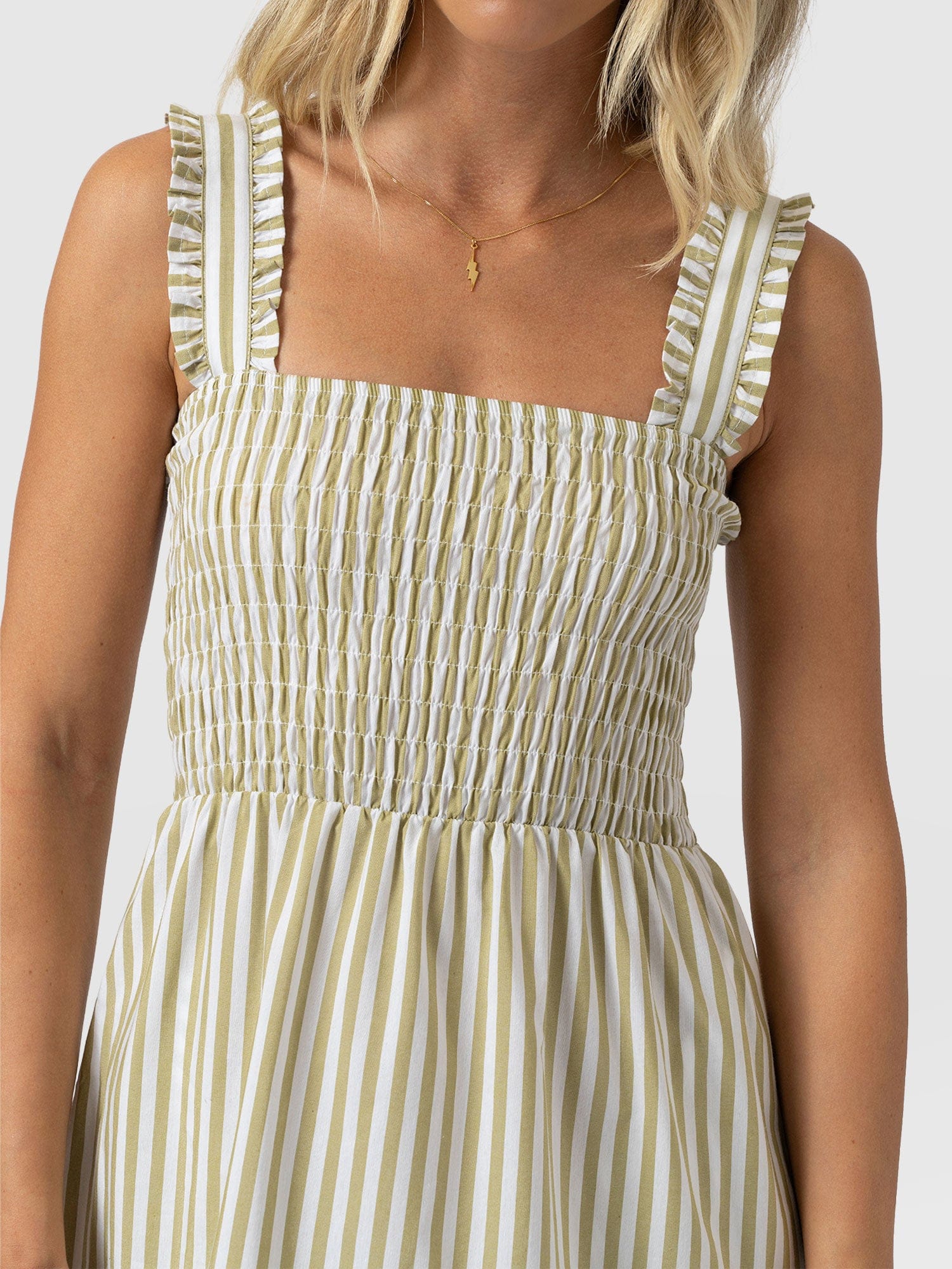 Maya Shirring Dress - Green Stripe - Women's Dresses | Saint and Sofia® USA