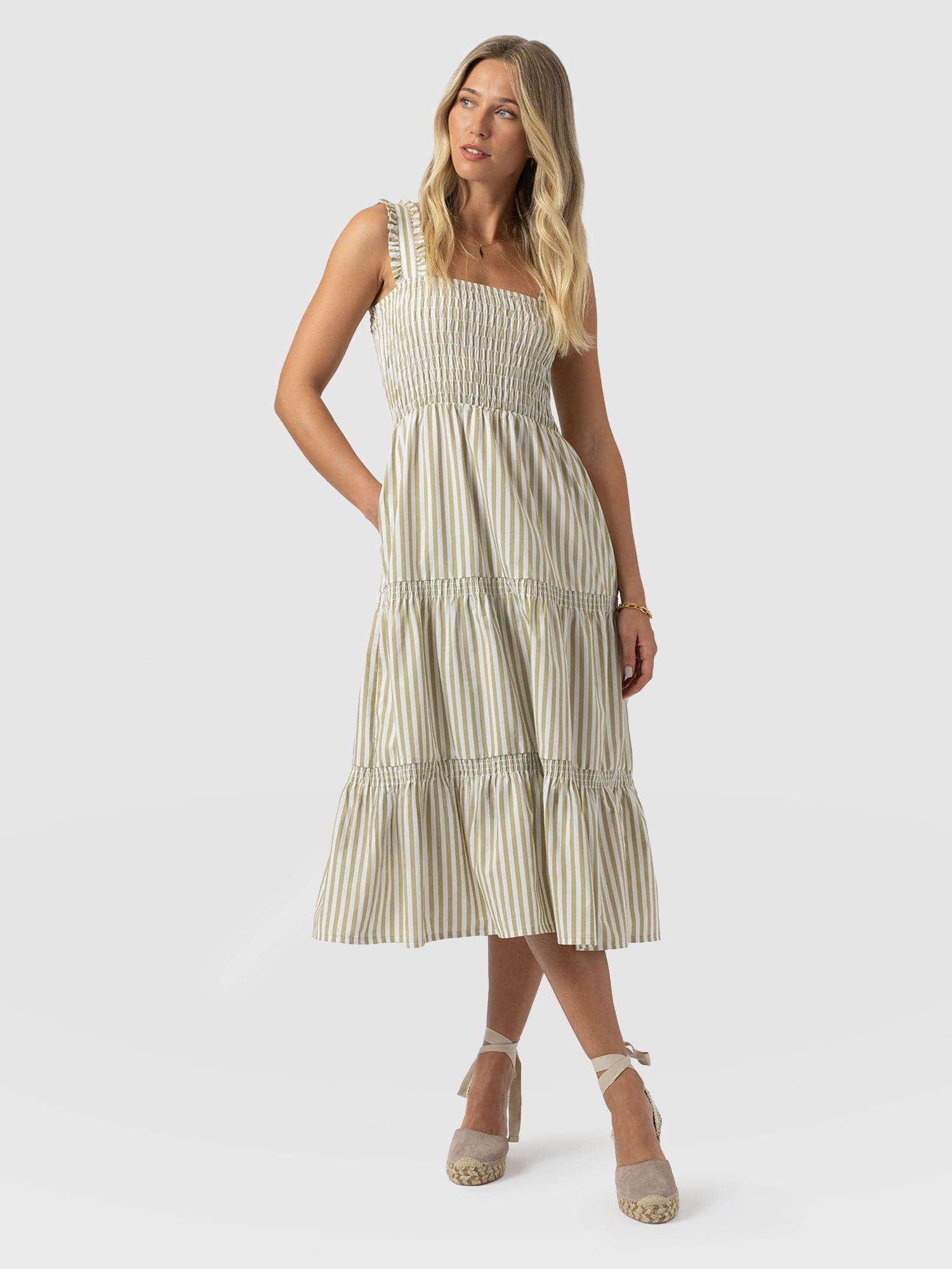 Maya Shirring Dress - Green Stripe - Women's Dresses | Saint + Sofia USA Maya Shirring Dress - Green Stripe - Women's Dresses | Saint + Sofia USA