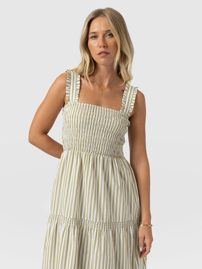 Maya Shirring Dress - Green Stripe - Women's Dresses | Saint and Sofia® USA