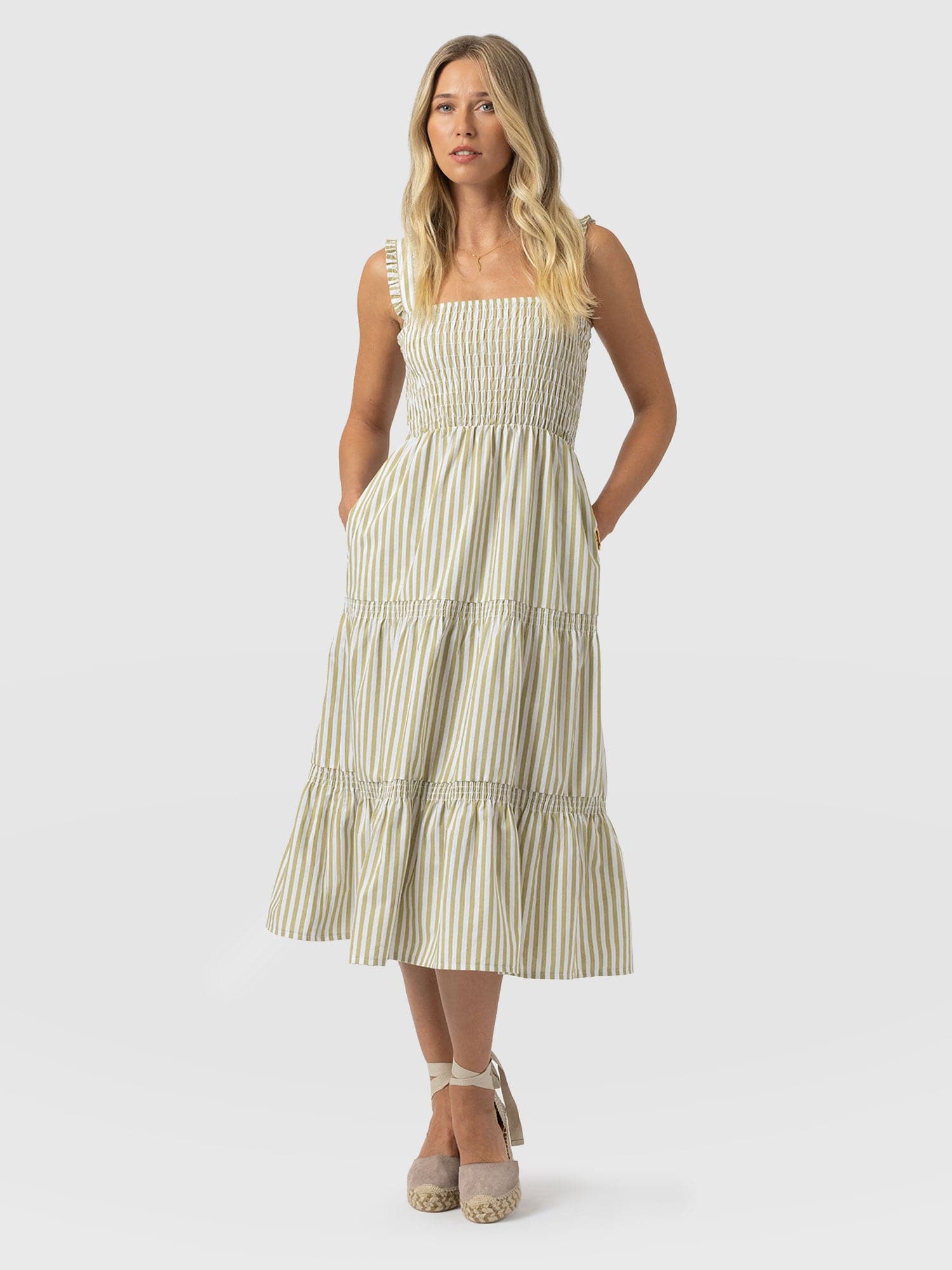 Maya Shirring Dress - Green Stripe - Women's Dresses | Saint and Sofia® USA