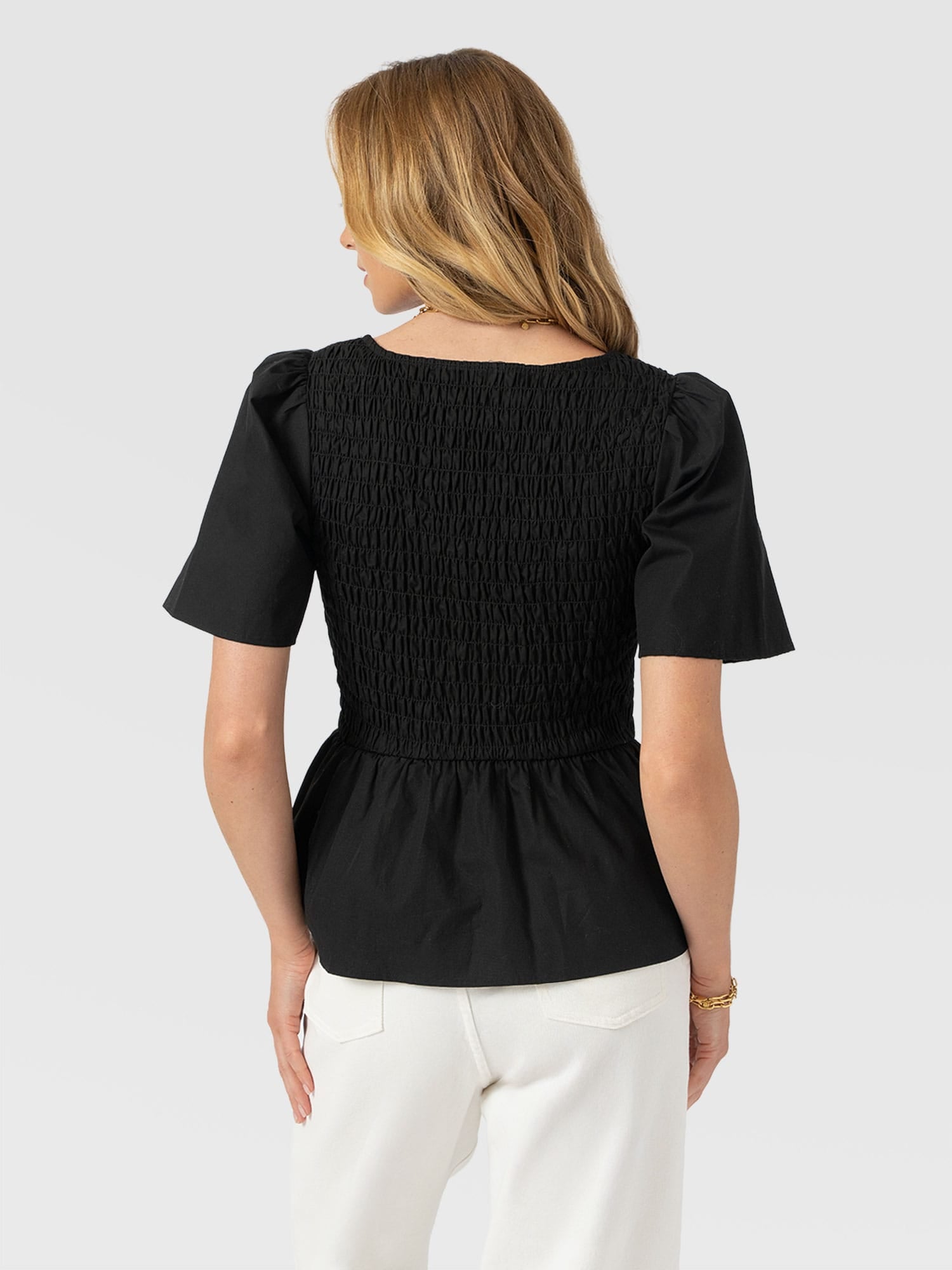Maya Shirring Peplum Top - Black - Women's T-shirts | Saint + Sofia® USA
