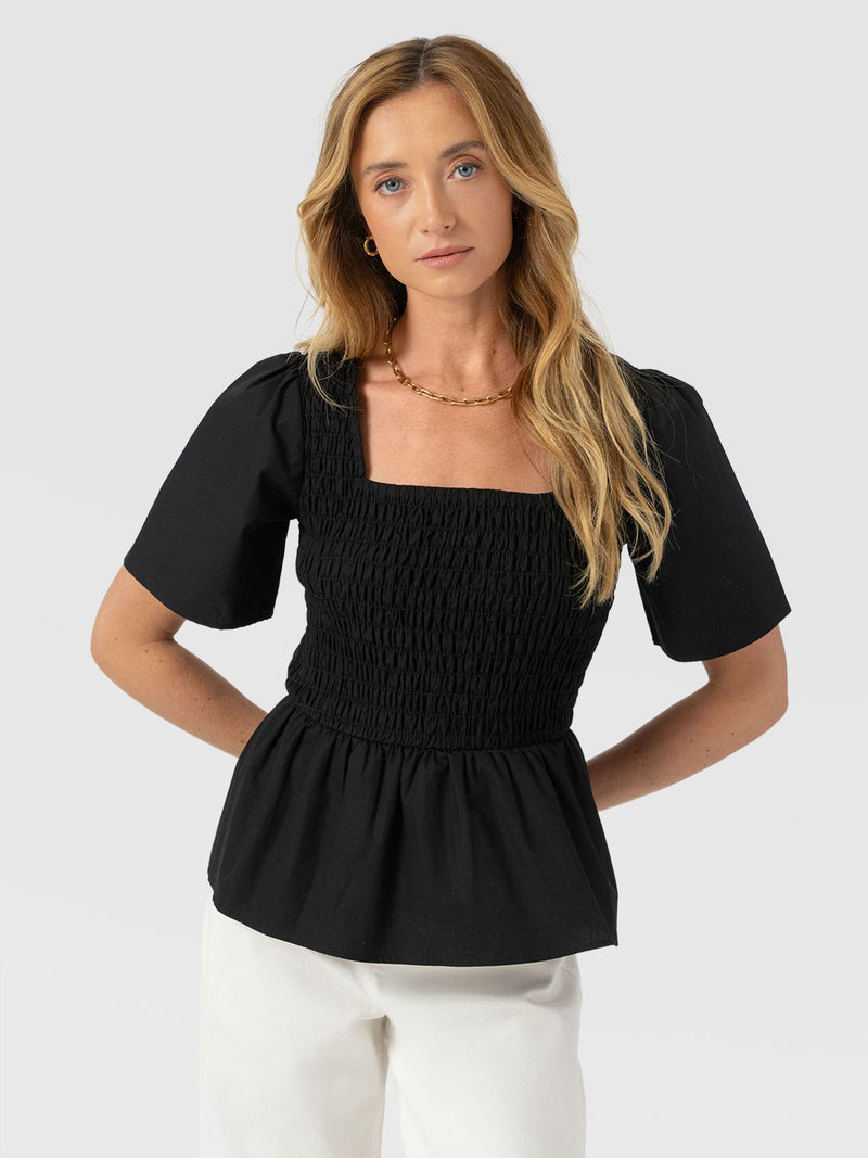 Maya Shirring Peplum Top - Black - Women's T-shirts | Saint + Sofia® USA
