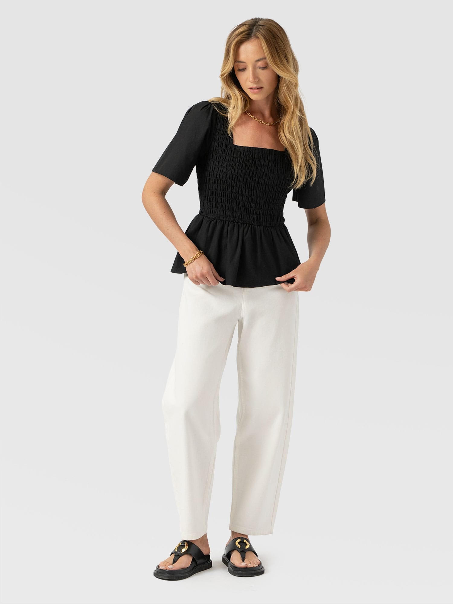 Maya Shirring Peplum Top - Black - Women's T-shirts | Saint + Sofia® USA