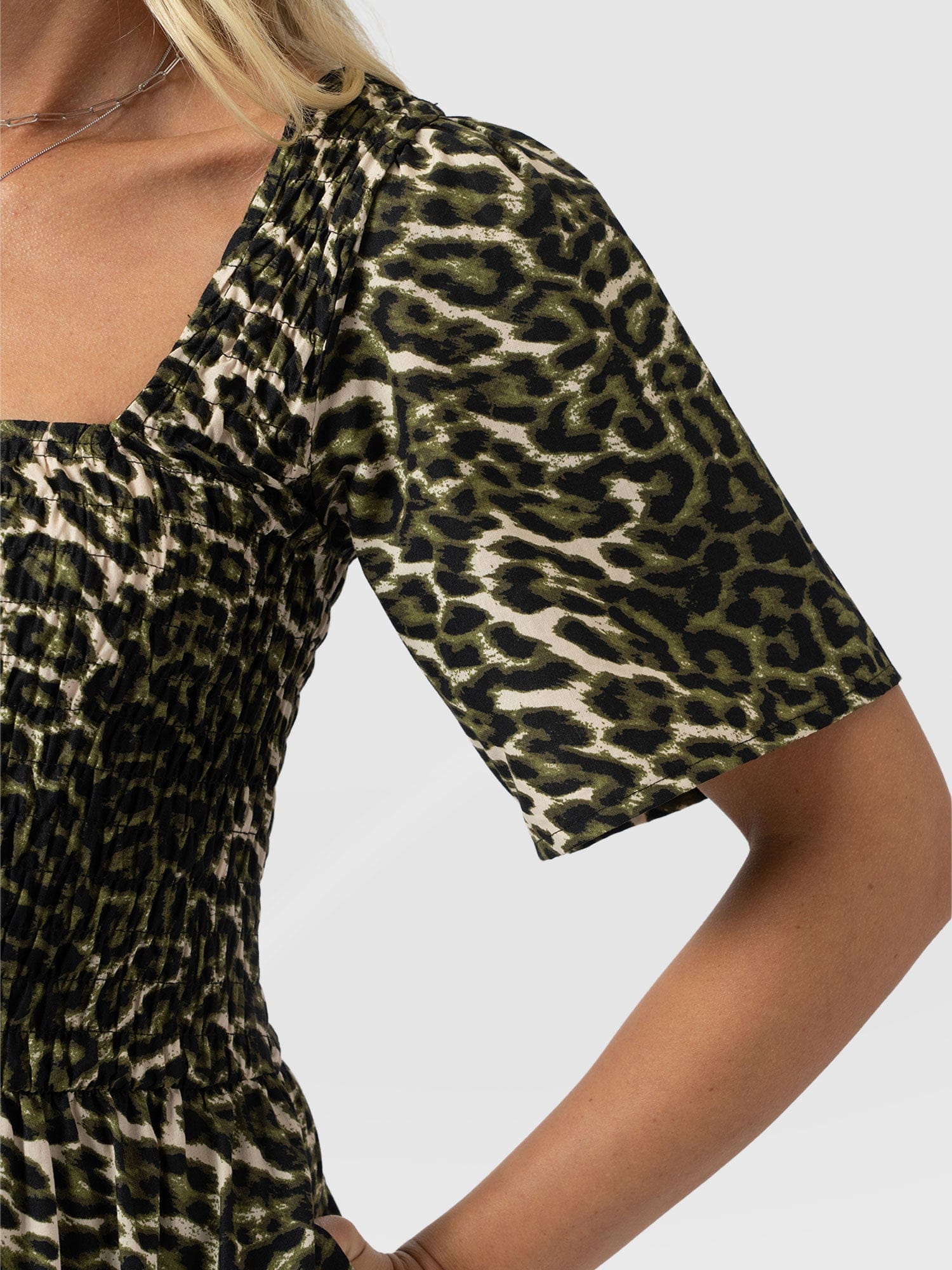 Maya Shirring Short Sleeve Dress - Green Leopard - Women's Dresses | Saint + Sofia® USA