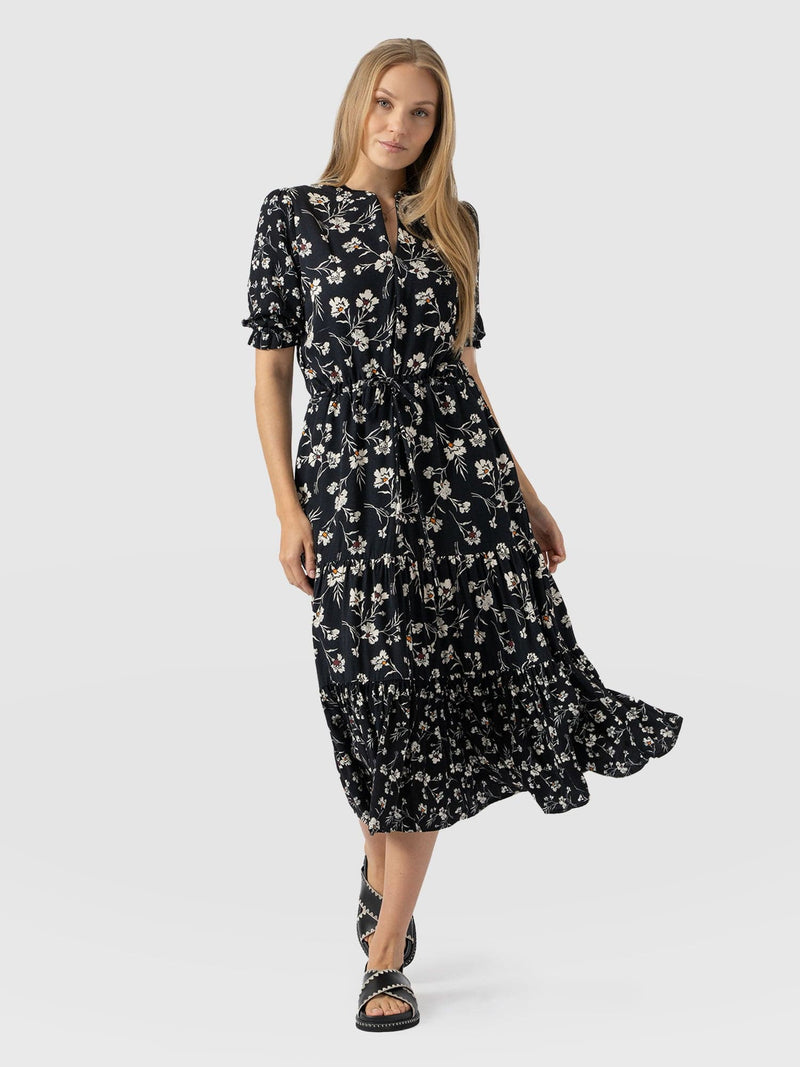 Olivia Zip Up Short Sleeve Dress - Black Spring Floral - Women's Dresss | Saint + Sofia® USA