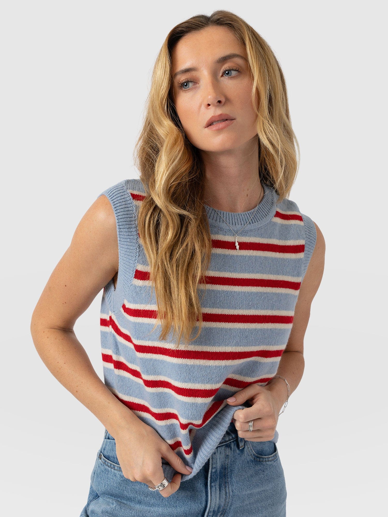 Oxford Cashmere Sleeveless Knit - Blue Stripe - Women's Sweaters | Saint + Sofia® USA