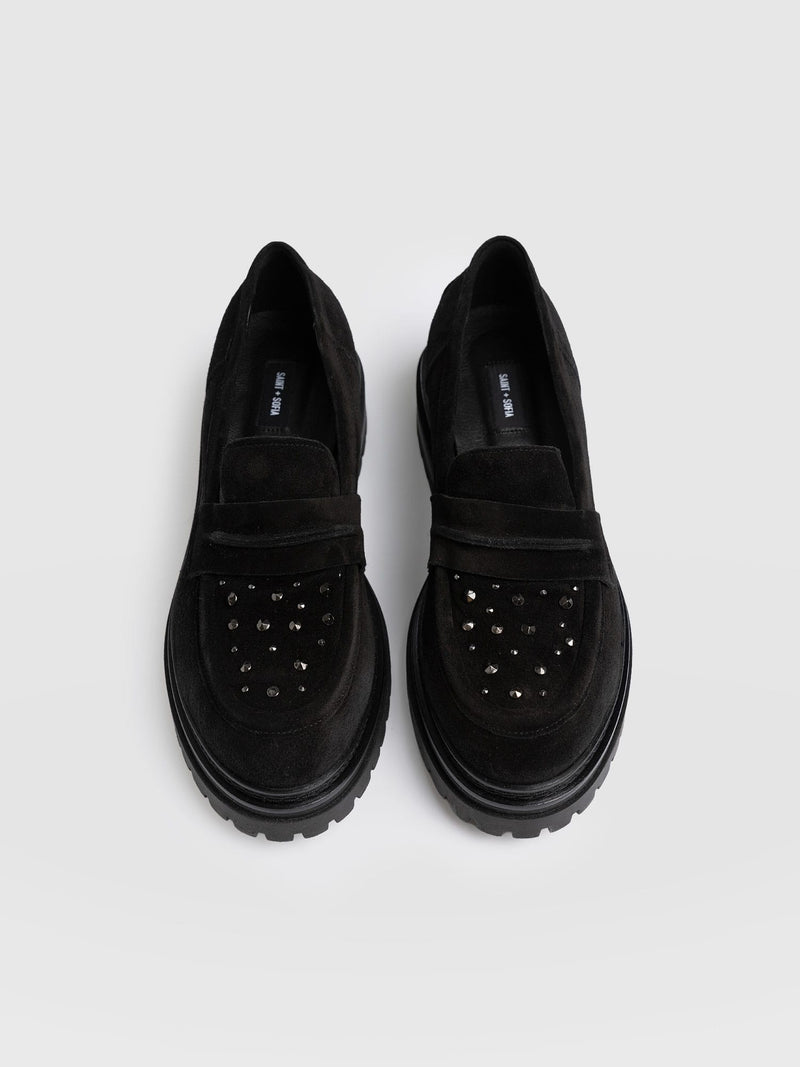 Raine Studded Loafer Black Suede- Women's Loafers | Saint + Sofia® US
