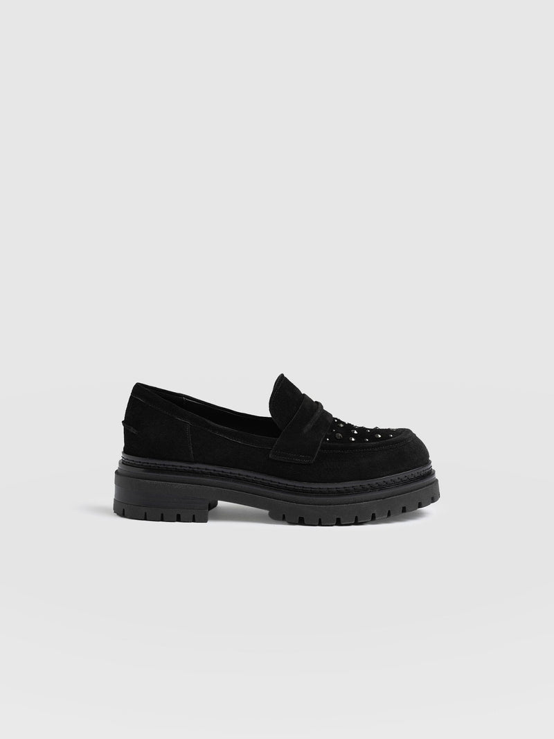 Raine Studded Loafer Black Suede- Women's Loafers | Saint + Sofia® US