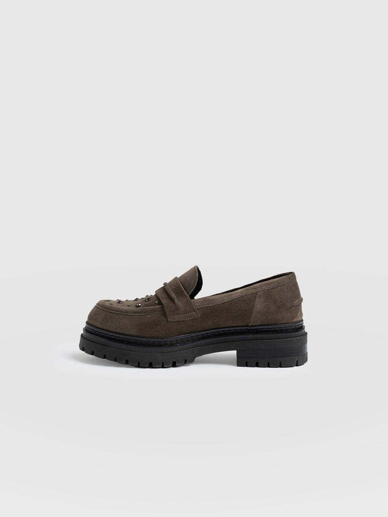 Raine Studded Loafer Taupe Suede- Women's Loafers | Saint + Sofia® US