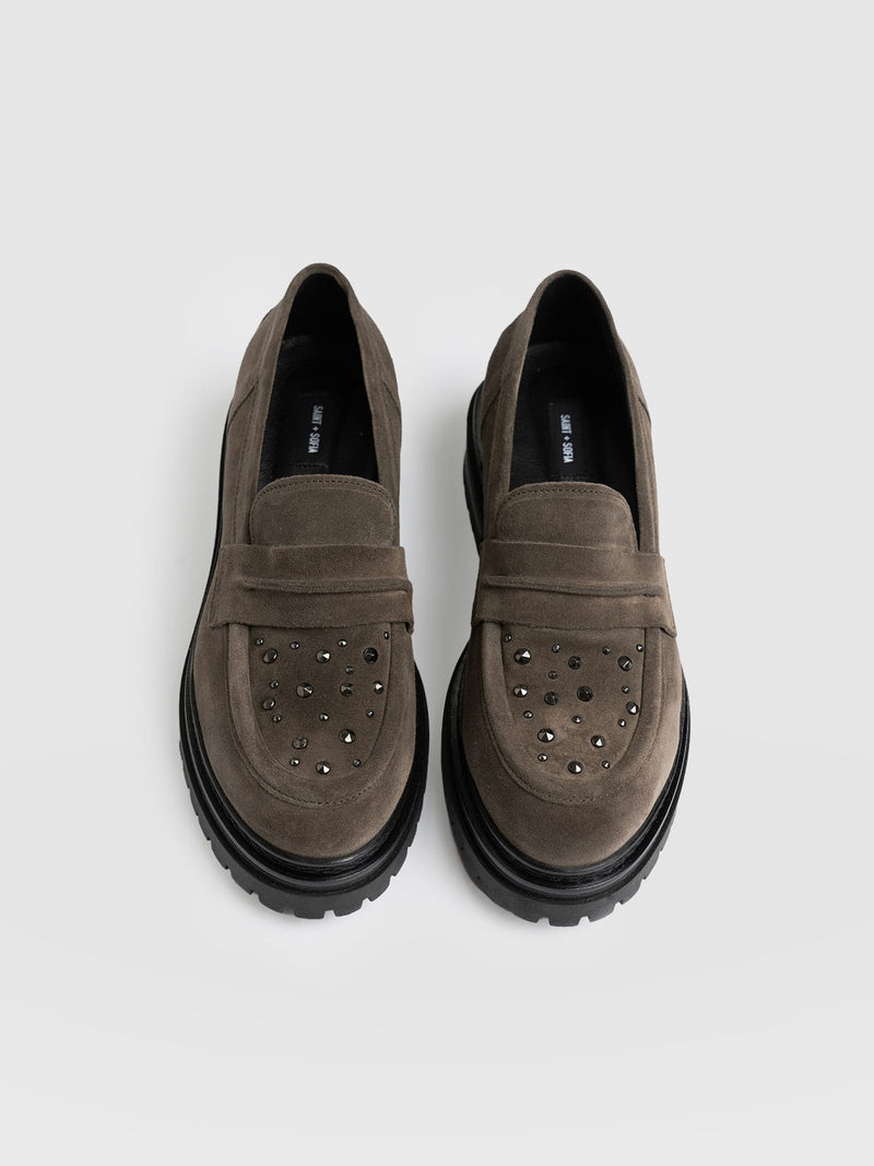 Raine Studded Loafer Taupe Suede- Women's Loafers | Saint + Sofia® US