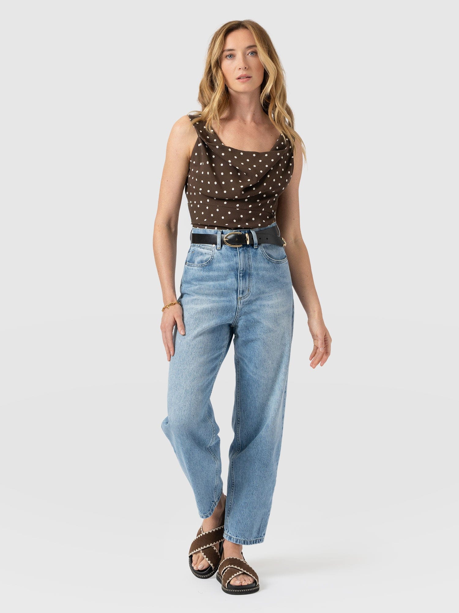Raye Cowl Cami - Brown Polka Dot - Women's T-shirts | Saint + Sofia® USA