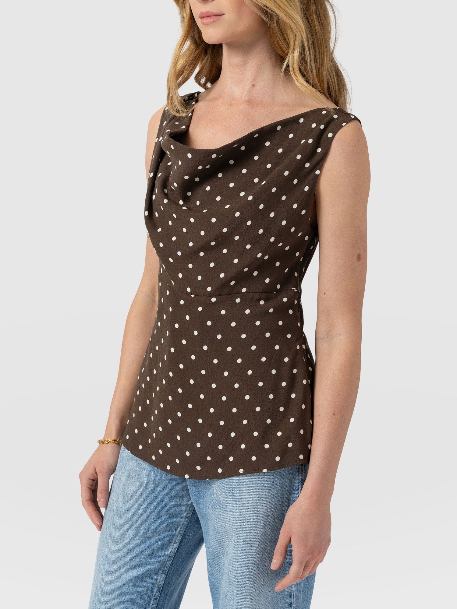 Raye Cowl Cami - Brown Polka Dot - Women's T-shirts | Saint + Sofia® USA
