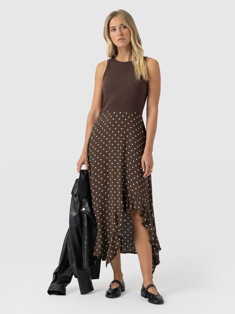 Renee Contrast Frill Dress - Brown Polka Dot - Women's Dresses | Saint + Sofia® USA