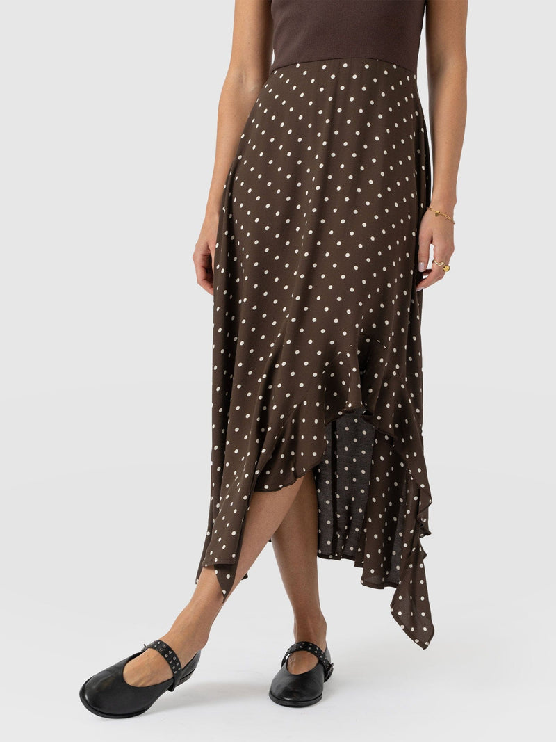 Renee Contrast Frill Dress - Brown Polka Dot - Women's Dresses | Saint + Sofia® USA