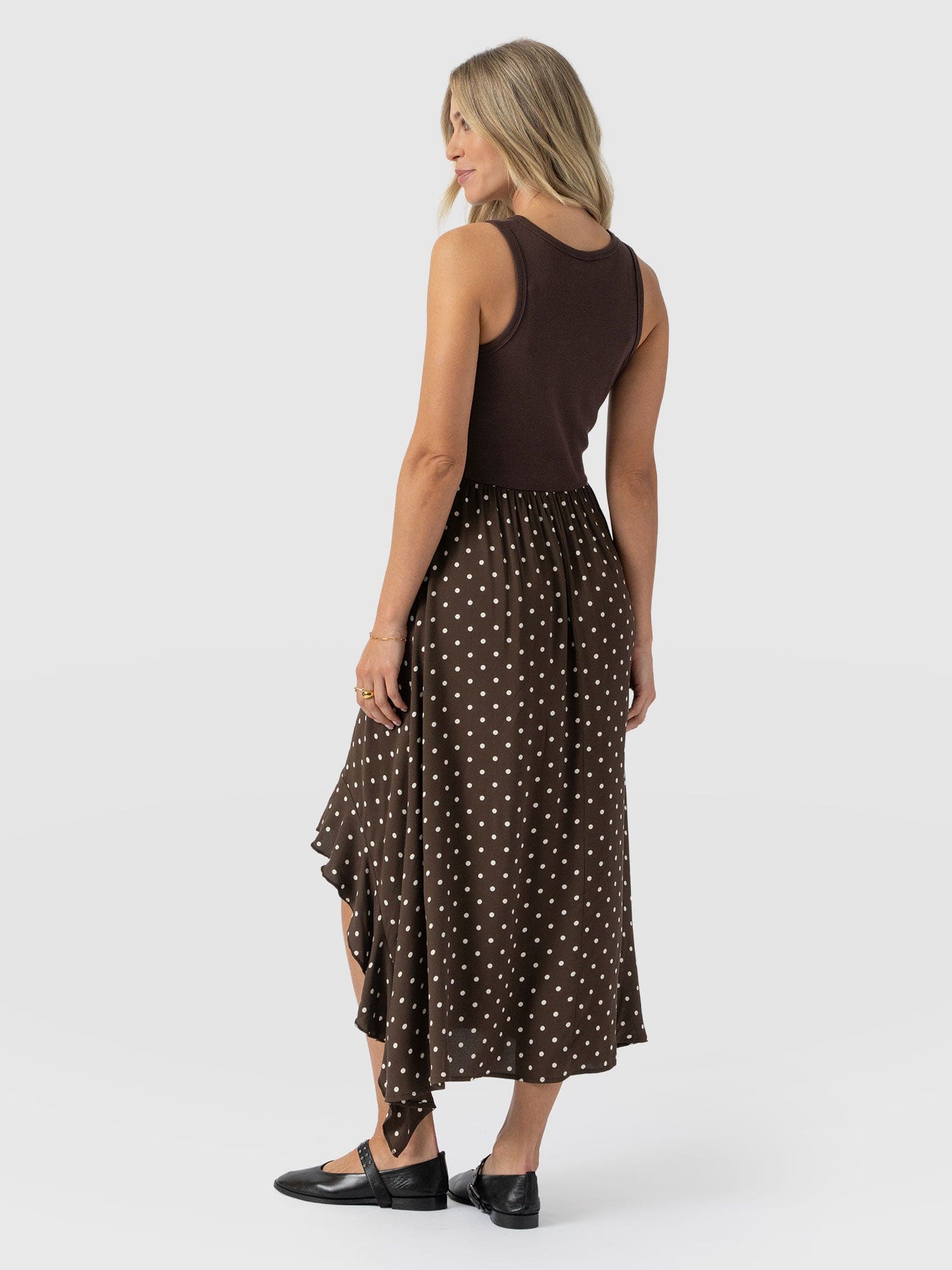 Renee Contrast Frill Dress - Brown Polka Dot - Women's Dresses | Saint + Sofia® USA