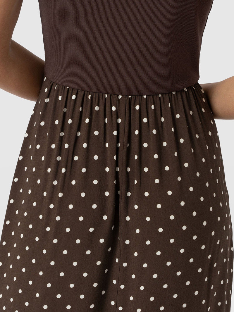 Renee Contrast Frill Dress - Brown Polka Dot - Women's Dresses | Saint + Sofia® USA