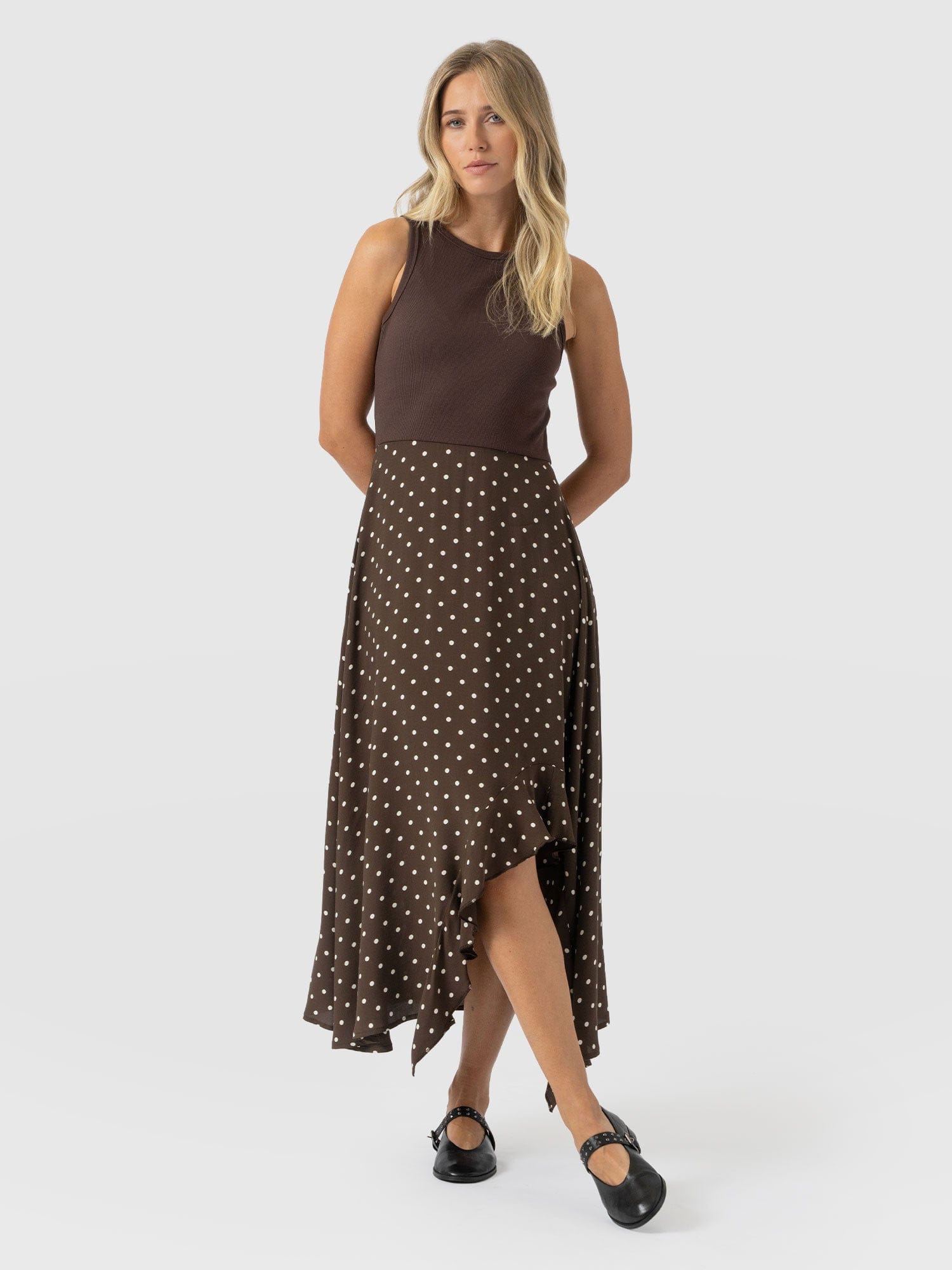 Renee Contrast Frill Dress - Brown Polka Dot - Women's Dresses | Saint + Sofia® USA