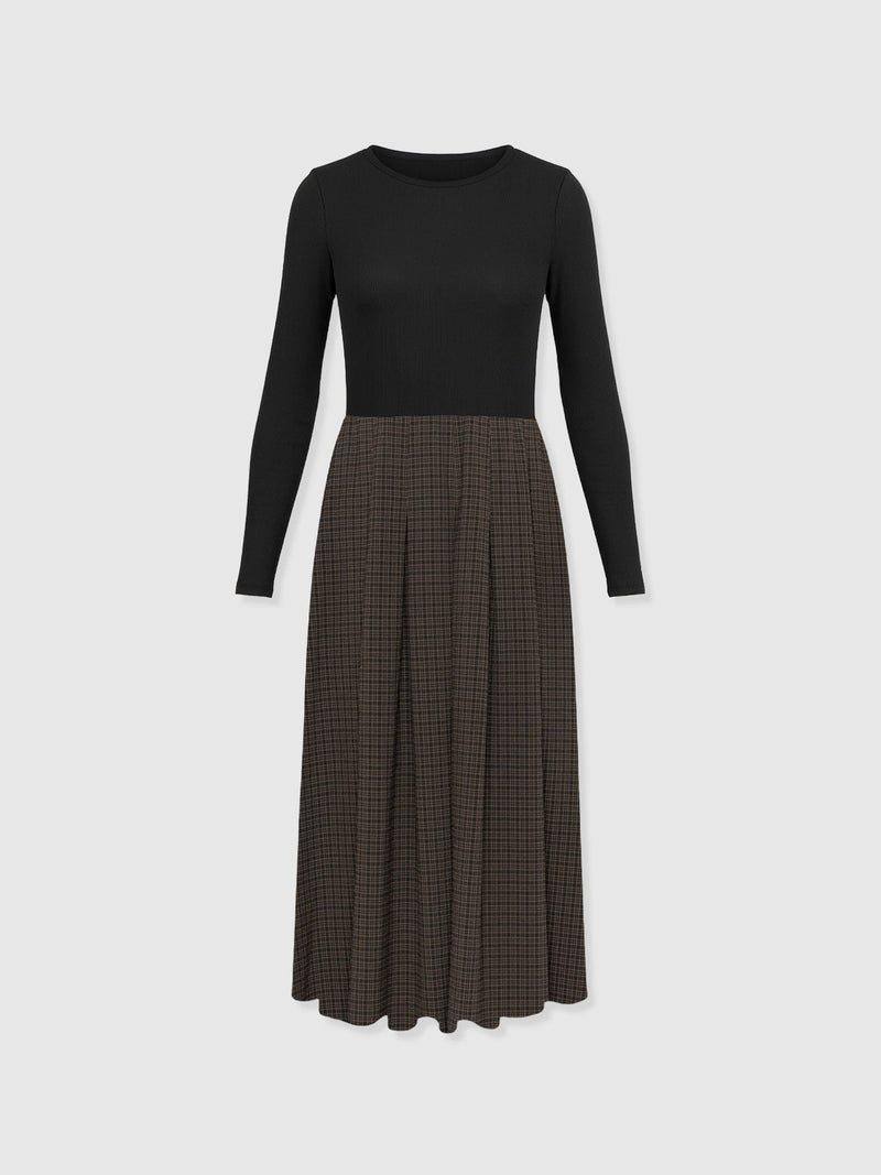 Renee Contrast Long Sleeve Dress - Brown Check - Women's Dresses | Saint + Sofia® USA