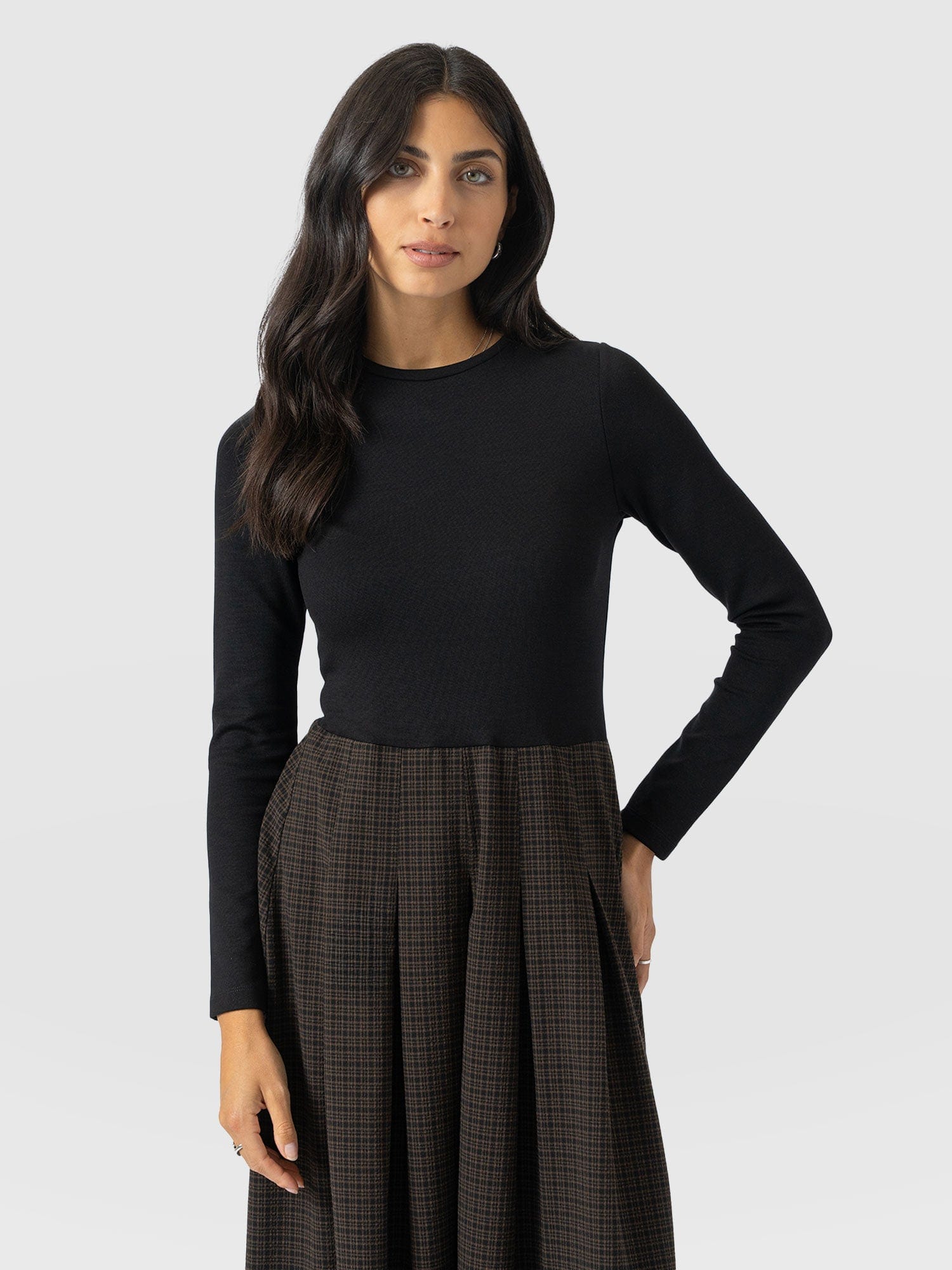 Renee Contrast Long Sleeve Dress - Brown Check - Women's Dresses | Saint + Sofia® USA