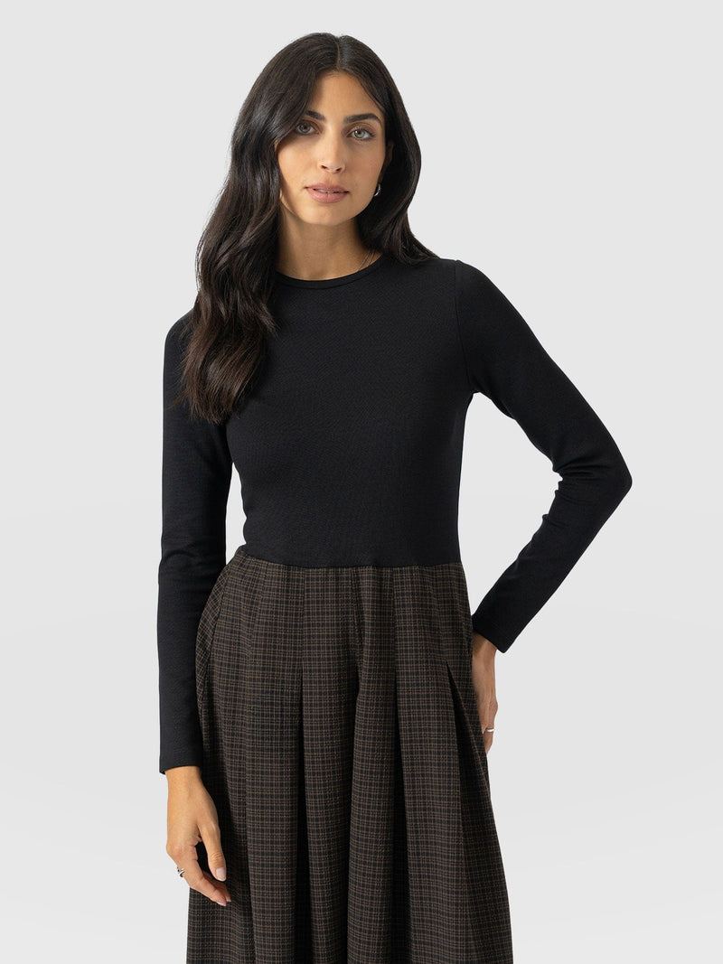 Renee Contrast Long Sleeve Dress - Brown Check - Women's Dresses | Saint + Sofia® USA