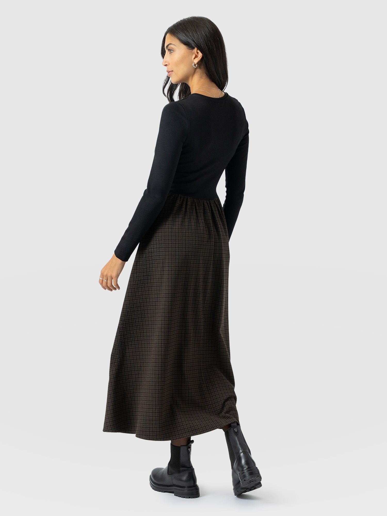 Renee Contrast Long Sleeve Dress - Brown Check - Women's Dresses | Saint + Sofia® USA