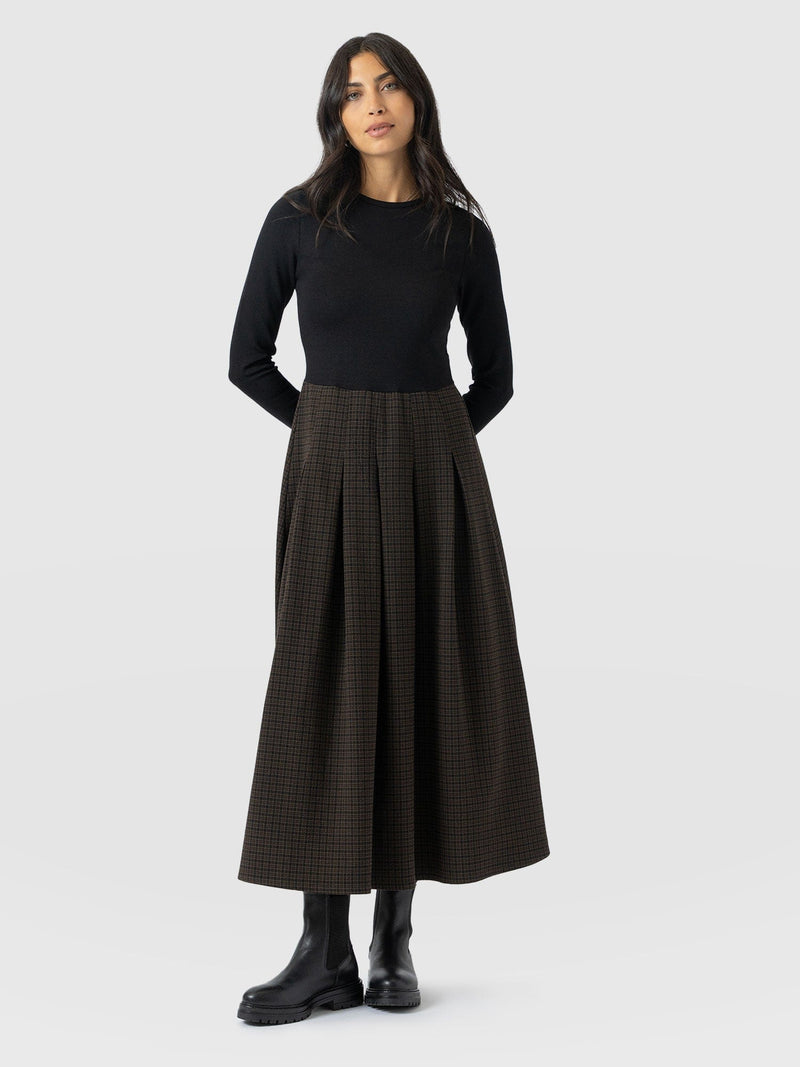 Renee Contrast Long Sleeve Dress - Brown Check - Women's Dresses | Saint + Sofia® USA