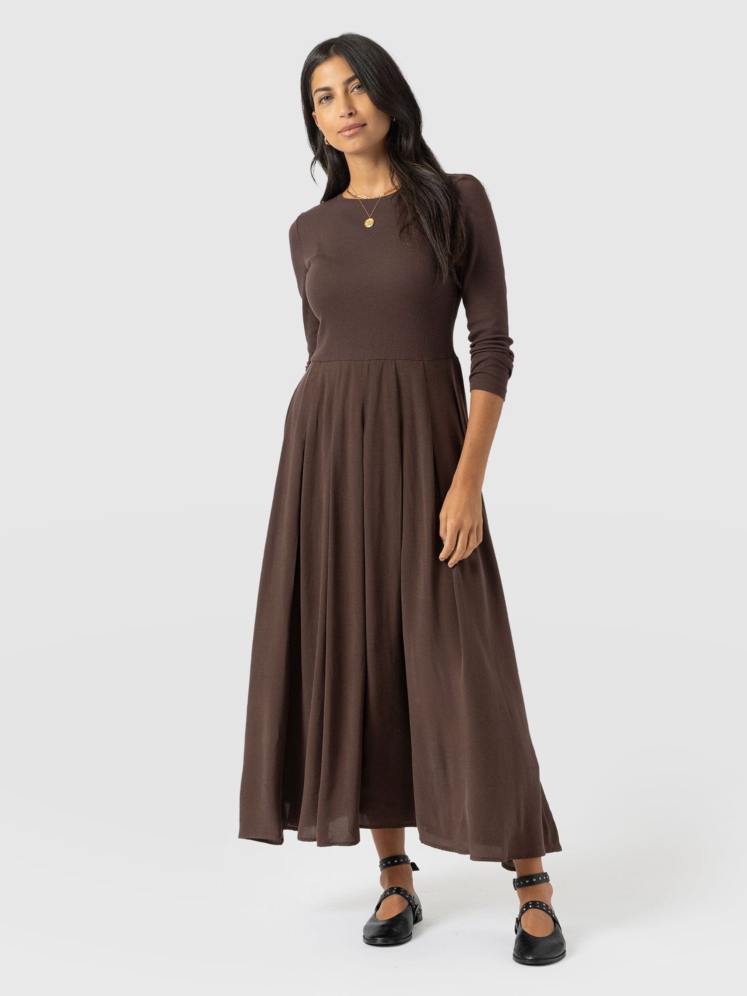 Renee Contrast Long Sleeve Dress - Brown - Women's Dresses | Saint + Sofia® USA