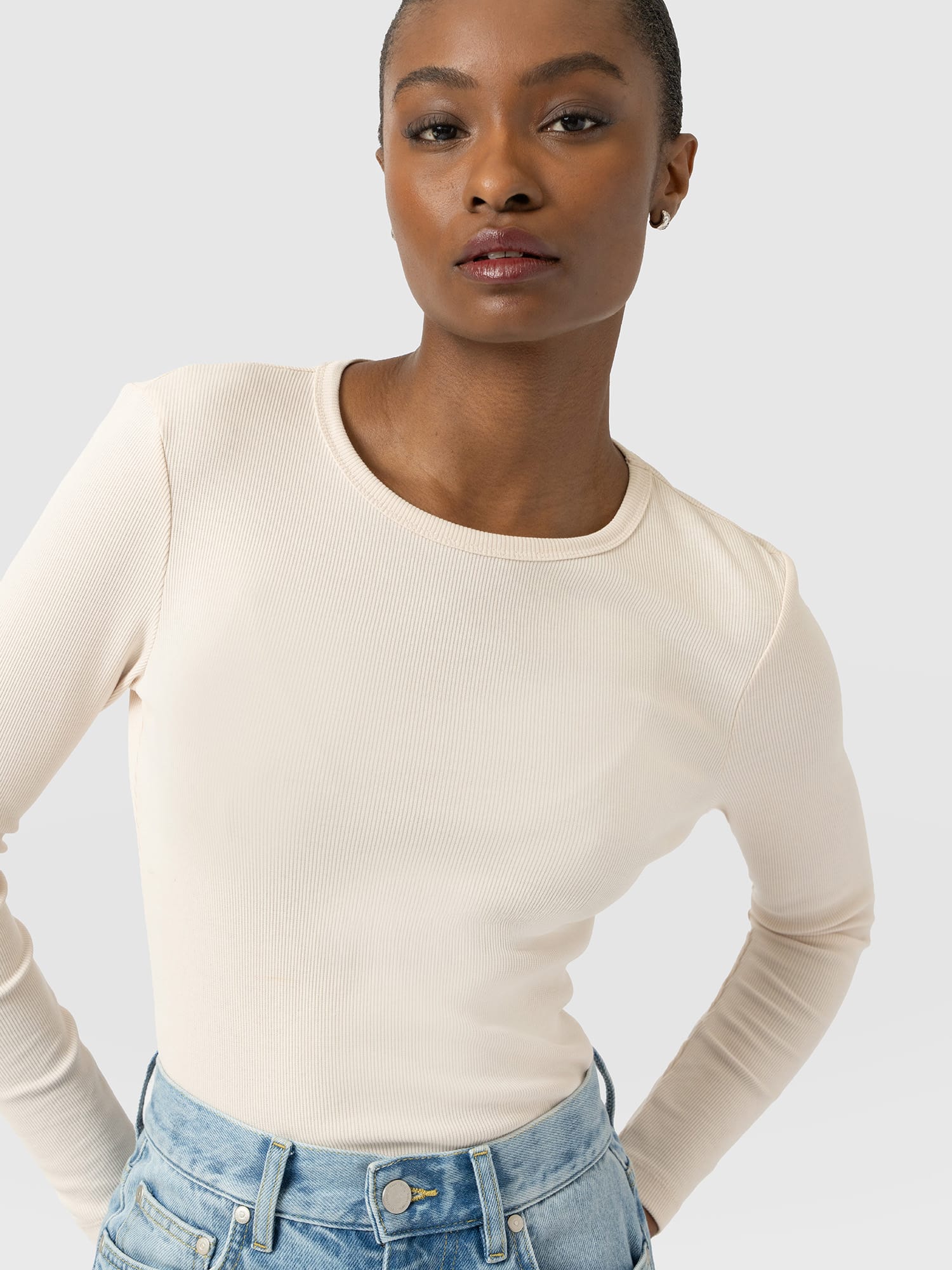 Ribbed Long Sleeve Tee - Cream - Women's T-shirts | Saint and Sofia® USA