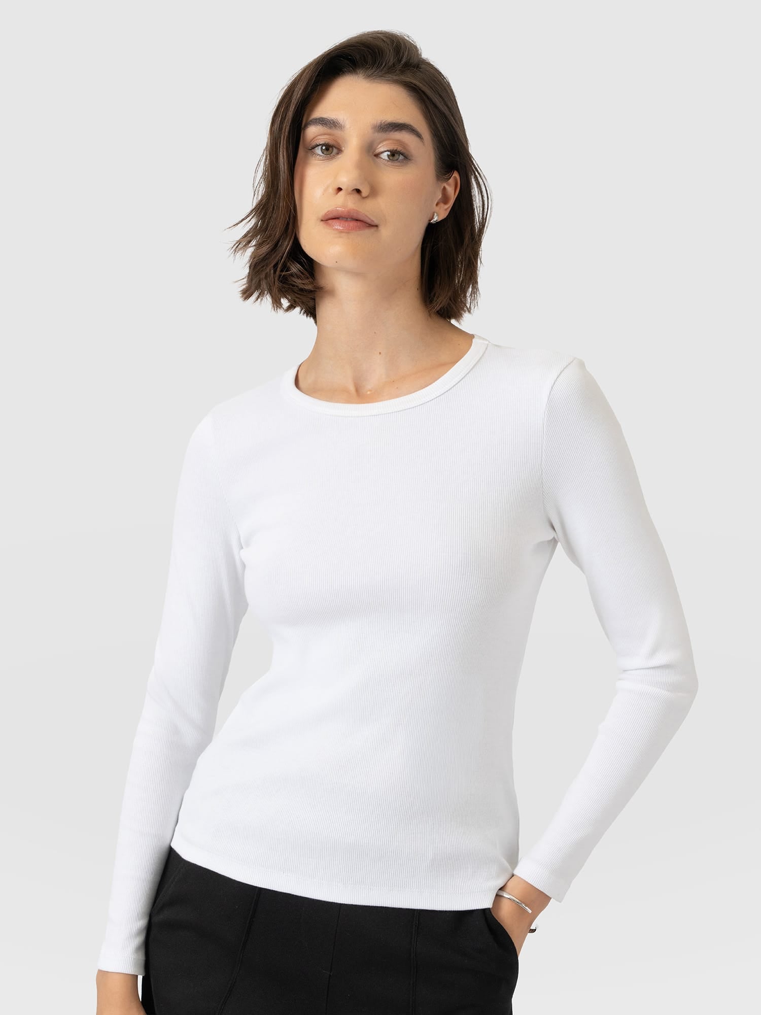 Ribbed Long Sleeve Tee - White - Women's T-shirts | Saint and Sofia® USA