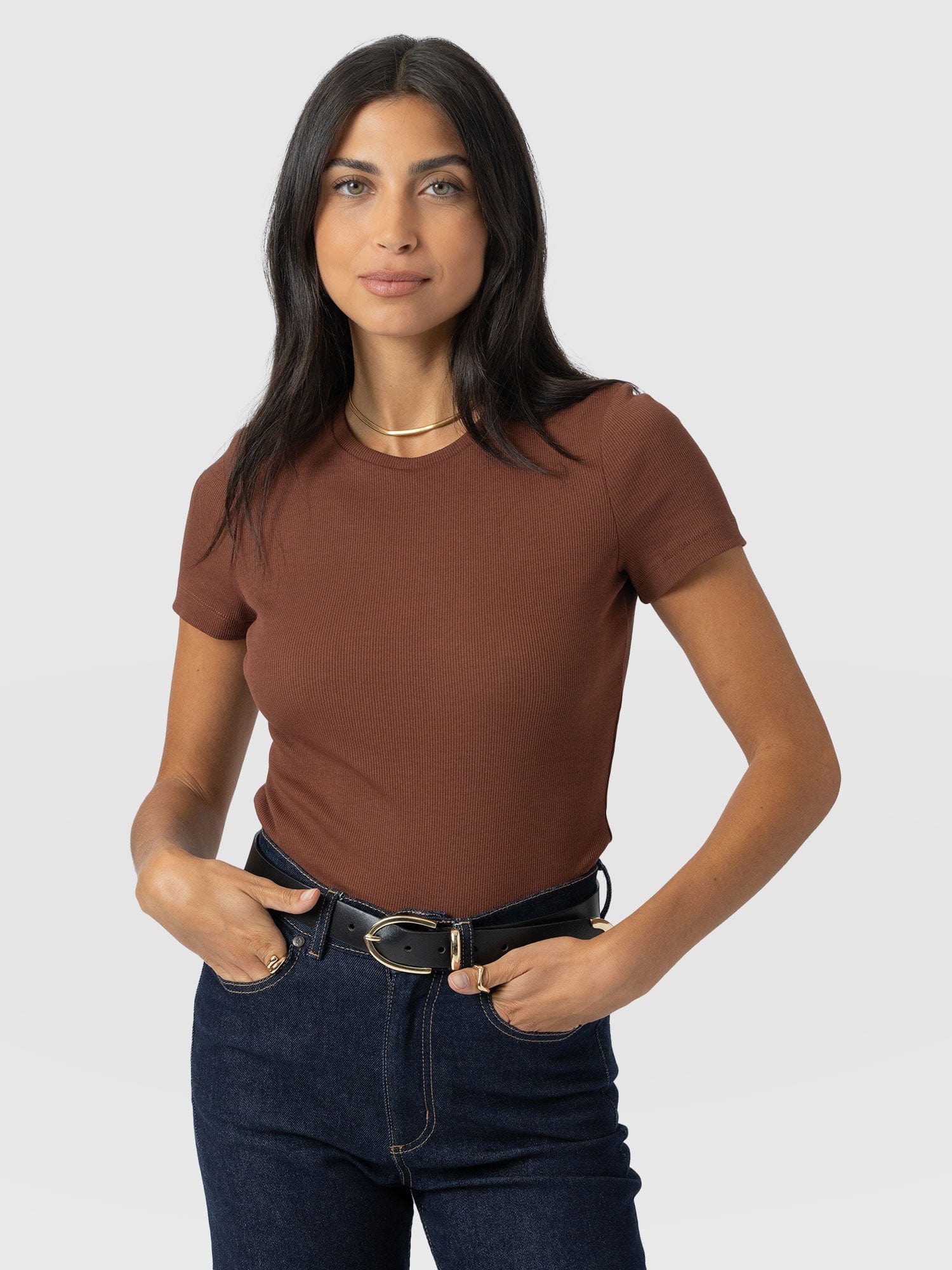 Ribbed Short Sleeve Tee - Russet Brown - Women's T-shirts | Saint + Sofia? USA