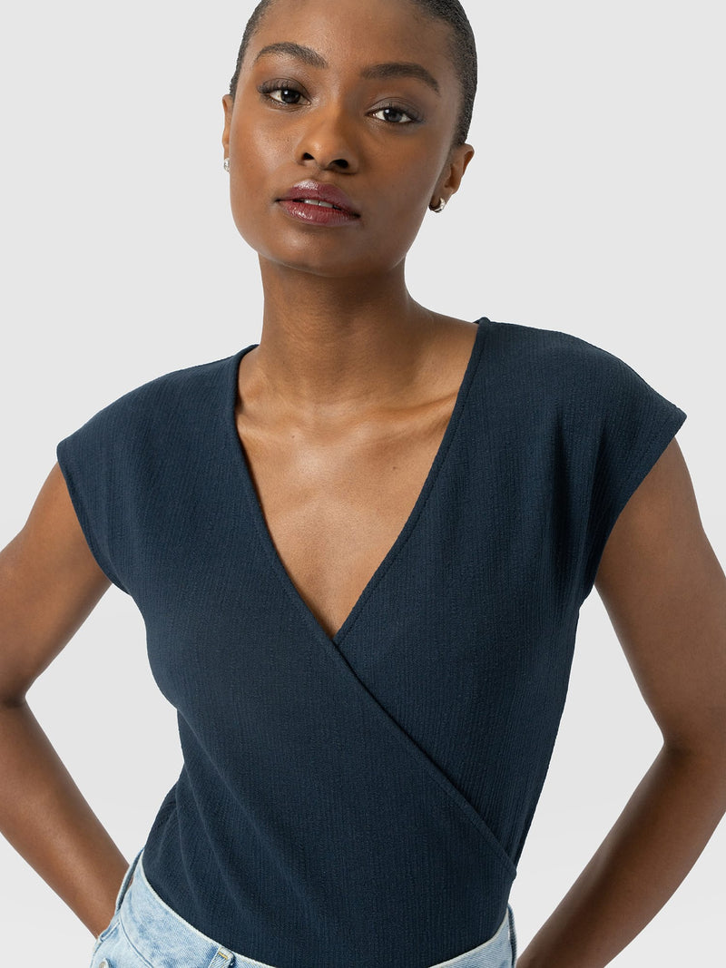 Rosa Wrap Top - Navy Textured - Women's T-shirts | Saint and Sofia® USA
