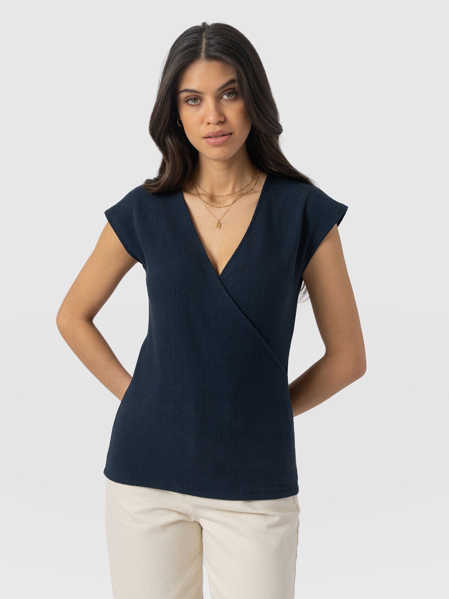 Rosa Wrap Top Navy Textured Women's Tshirts Saint + Sofia® USA — free download