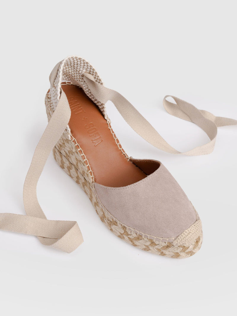 Rowe Espadrille Tie Wedges - Sand Suede - Women's Shoes | Saint + Sofia® USA