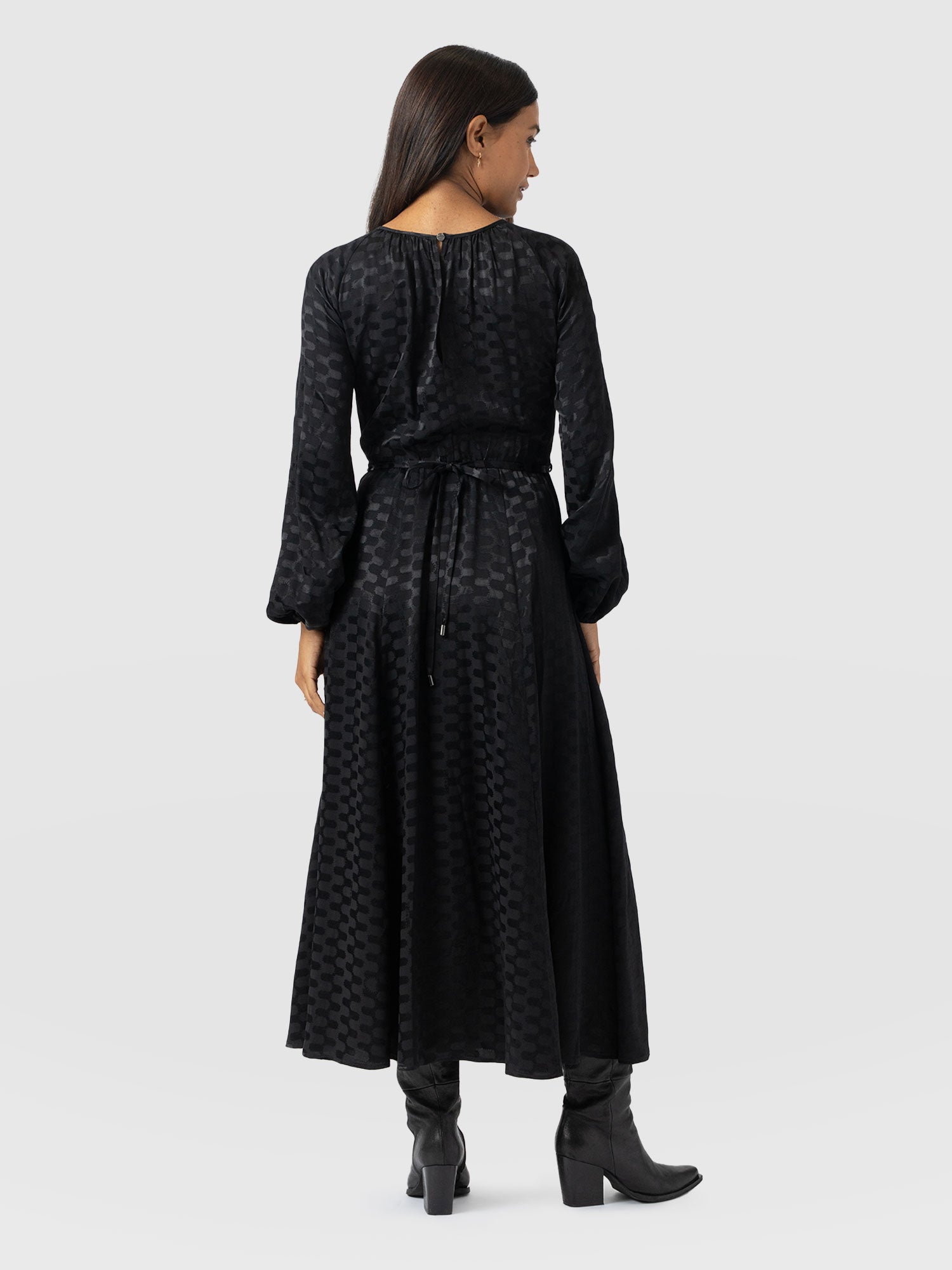 Ruby Flare Midi Dress - Black Jacquard - Women's Dresses | Saint + Sofia® USA