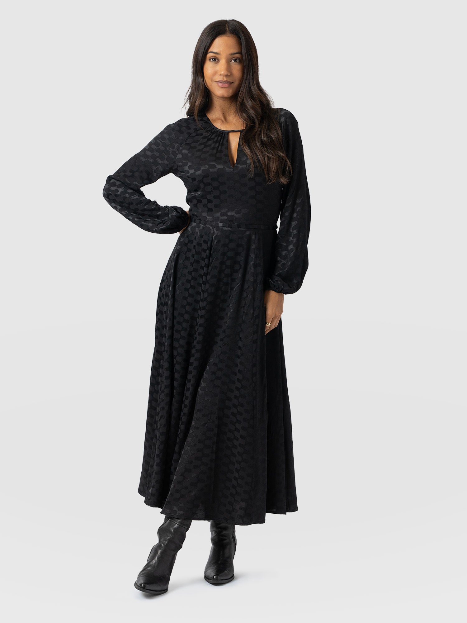 Ruby Flare Midi Dress - Black Jacquard - Women's Dresses | Saint + Sofia® USA