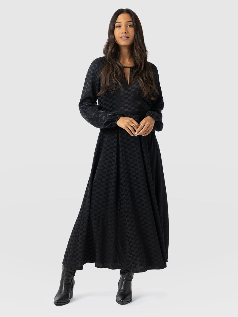 Ruby Flare Midi Dress - Black Jacquard - Women's Dresses | Saint + Sofia® USA