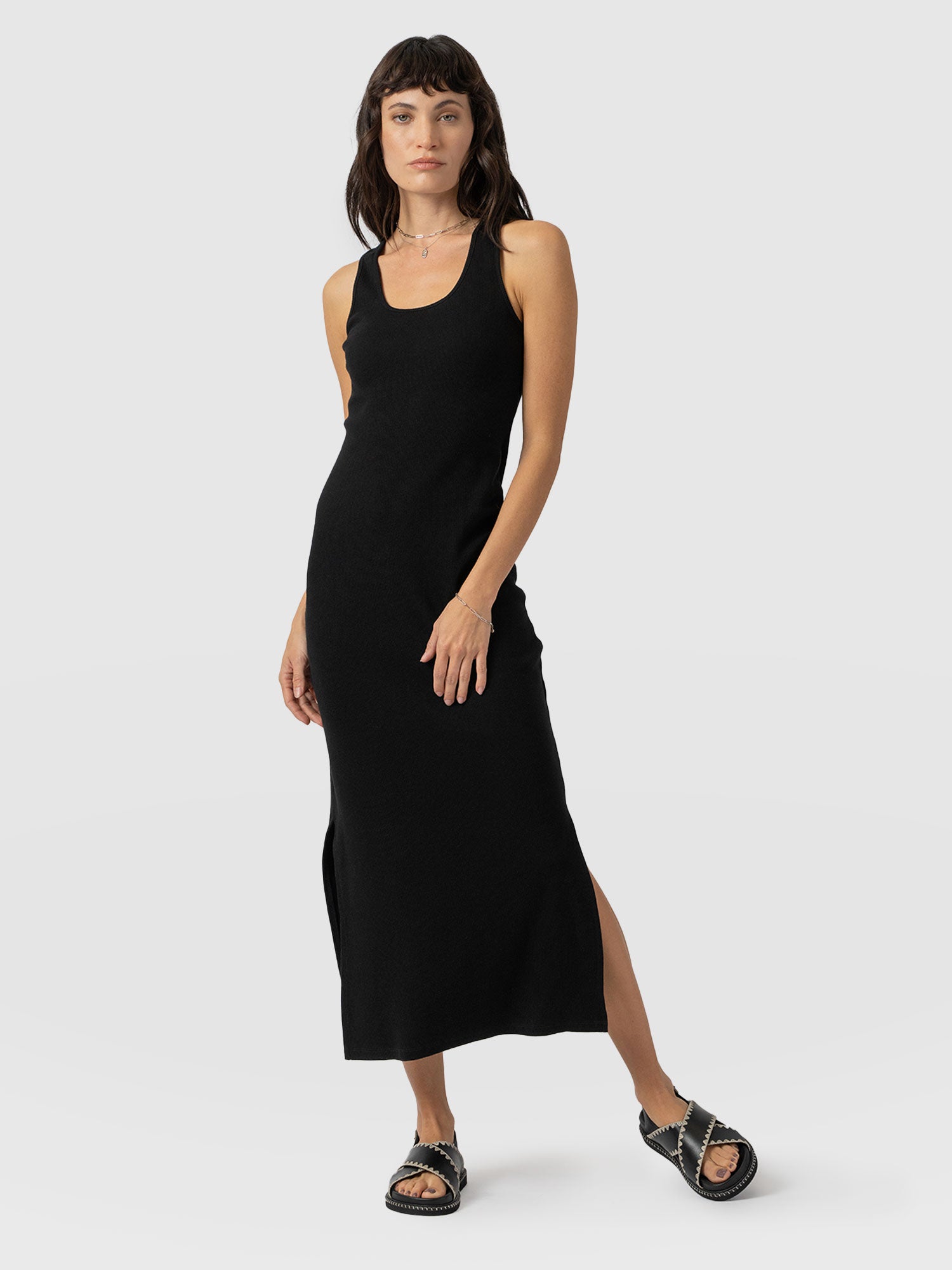 open lace back dress Sleeveless Rib Dress Black - Women's Dresses