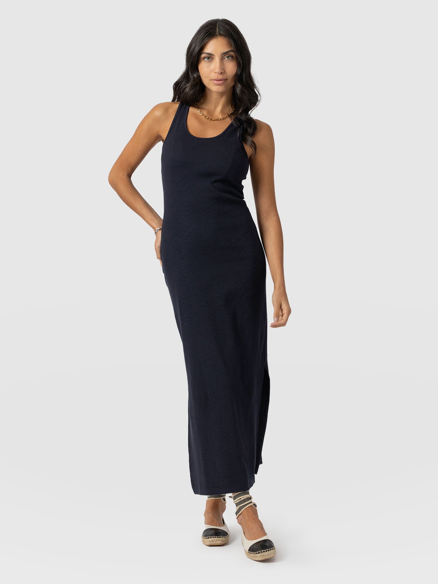 open lace back dress Sleeveless Rib Dress Navy - Women's Dresses