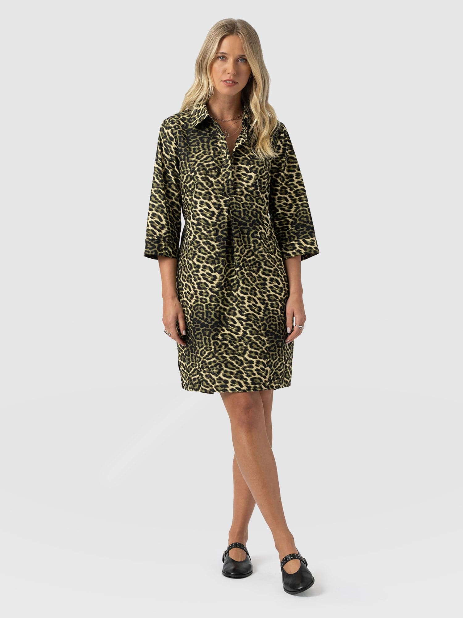 Stevie Shirt Dress - Green Leopard - Women's Dresses