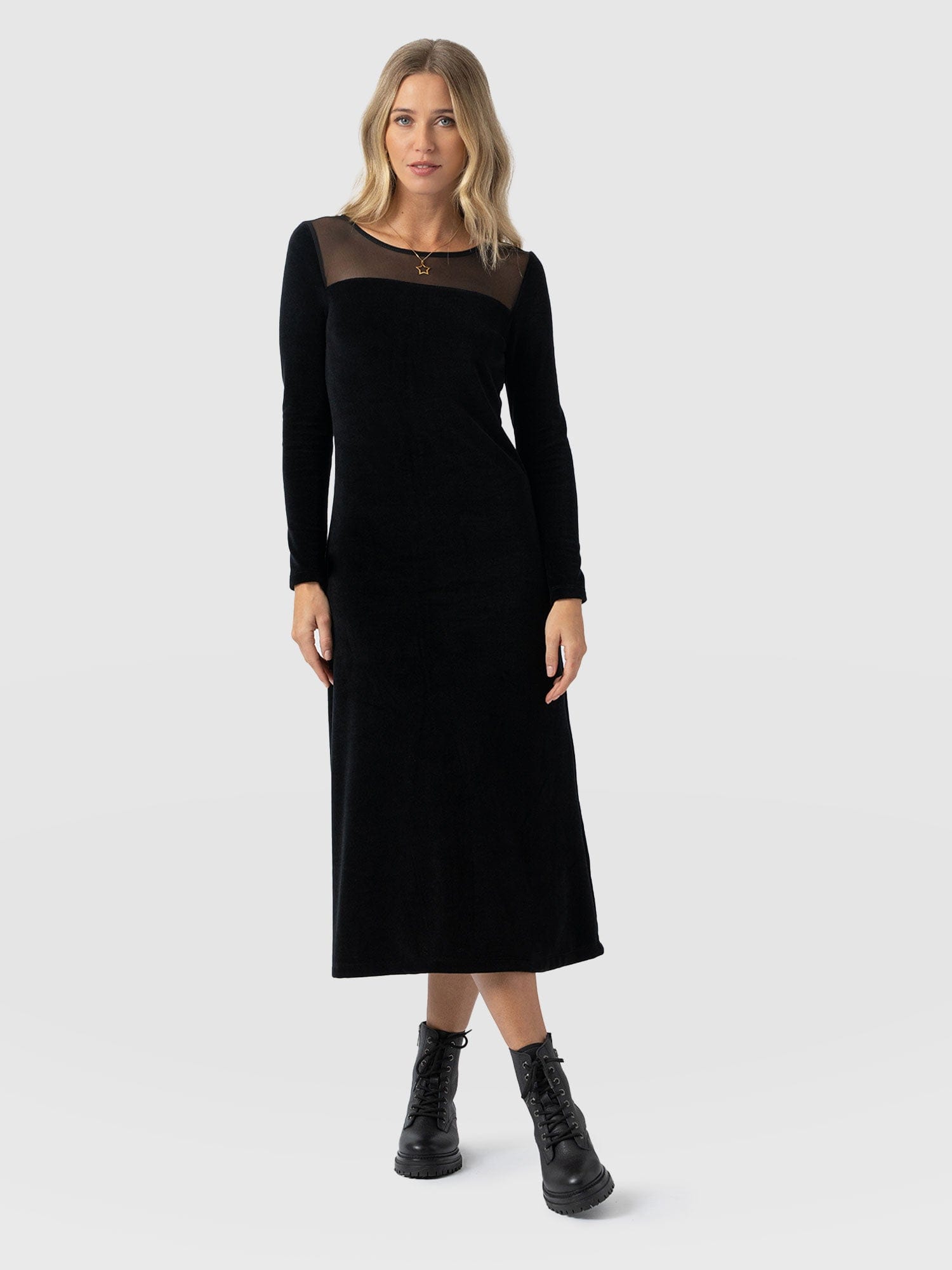 Storm Mesh Long Sleeve Dress - Black Velvet - Women's Dresses | Saint + Sofia USA Storm Mesh Long Sleeve Dress - Black Velvet - Women's Dresses | Saint + Sofia USA