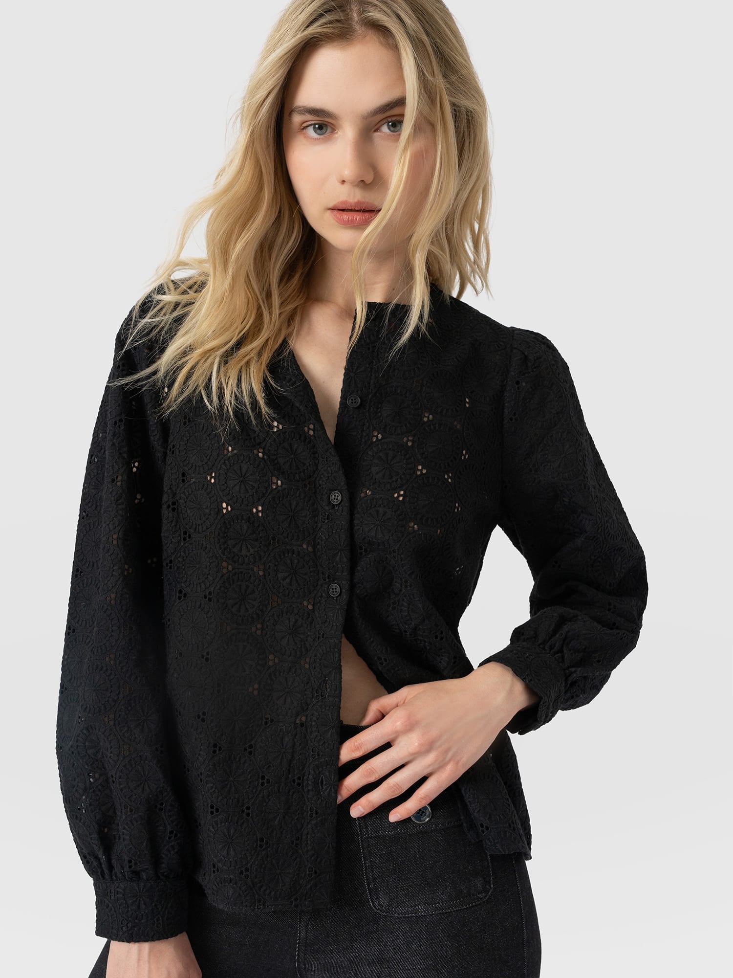 Tabitha Blouse Black Broderie - Women's Blouses | Saint and Sofia® USA