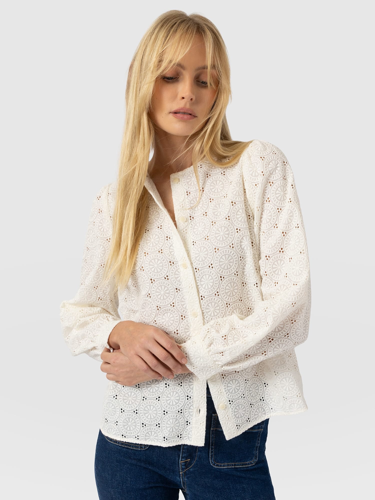Tabitha Blouse Cream Broderie - Women's Blouses | Saint and Sofia® USA