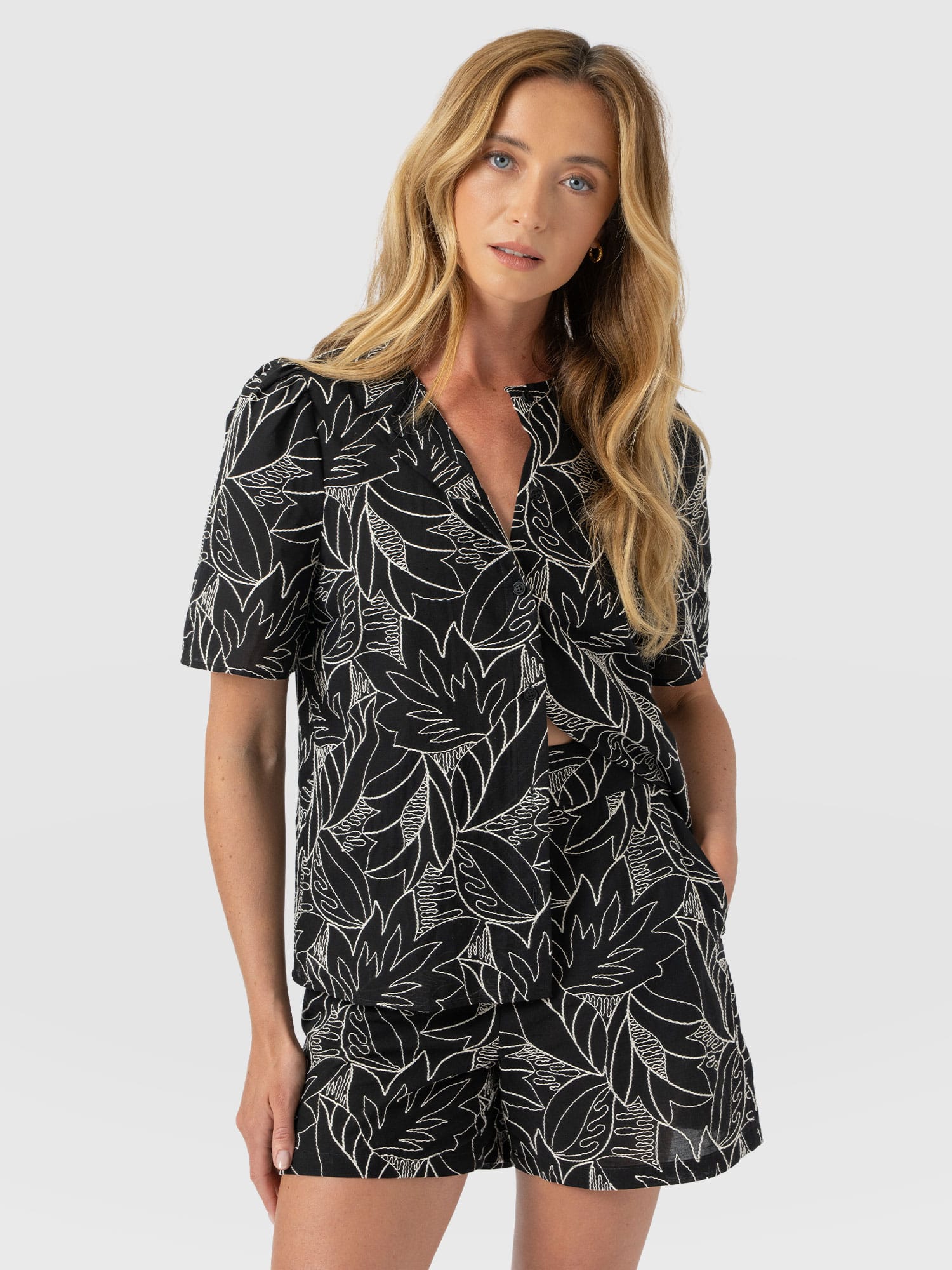 Tabitha Short Sleeve Blouse - Black Embroidered - Women's Blouses | Saint + Sofia® USA