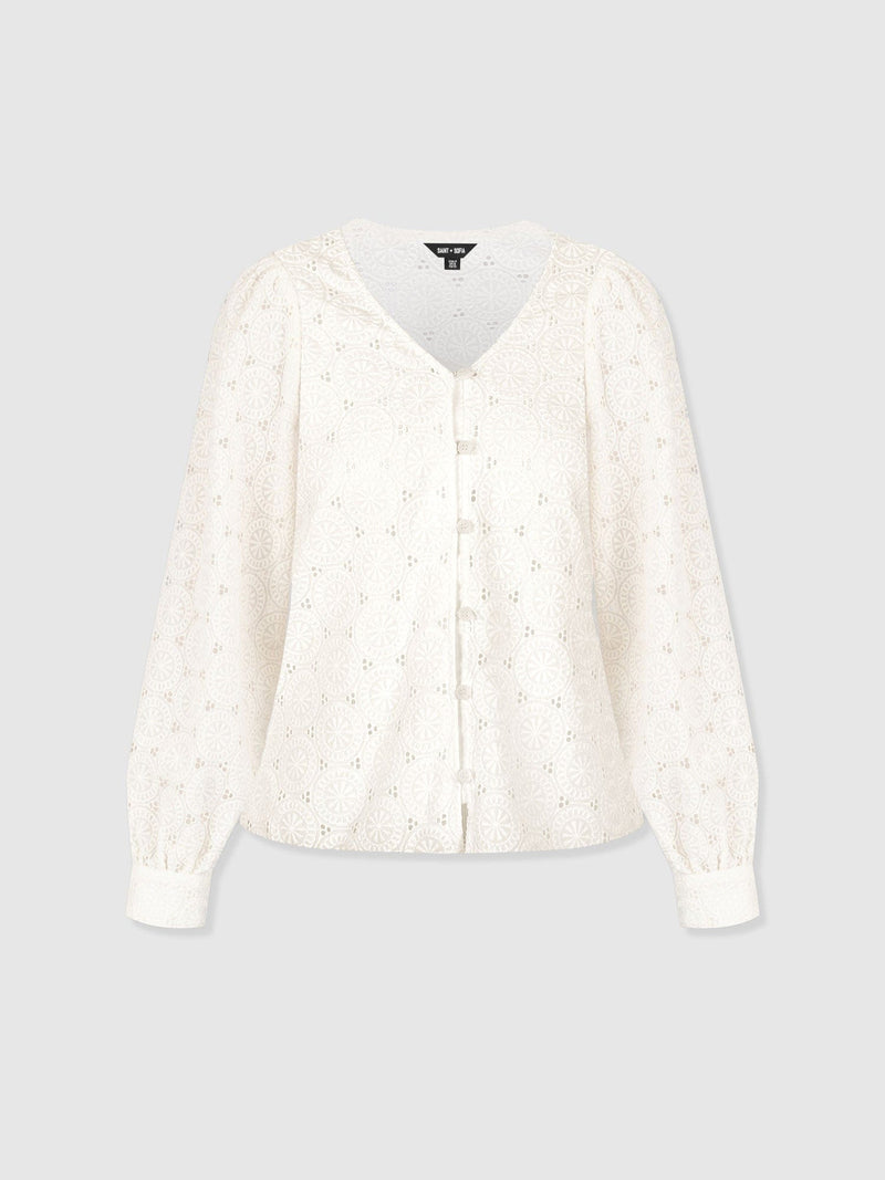 Tabitha V Neck Blouse - Cream Broderie - Women's Blouses | Saint + Sofia® USA