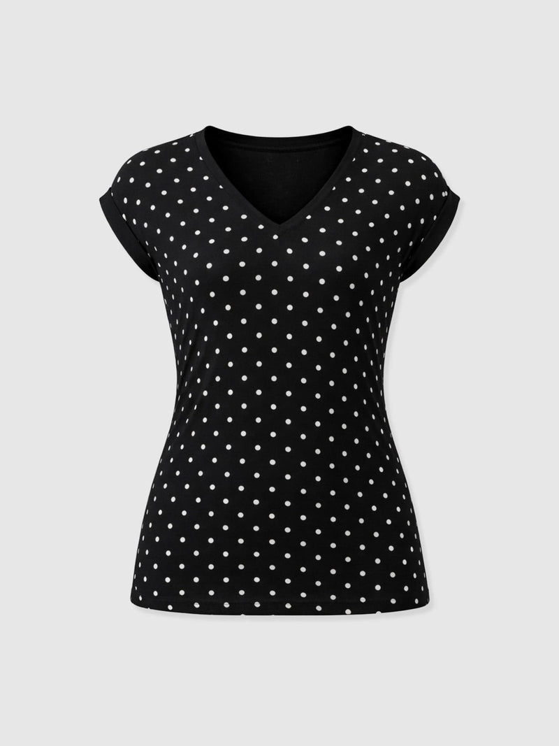 Turn Up Contrast V Neck Tee - Black Polka Dot - Women's T-shirts | Saint + Sofia® USA