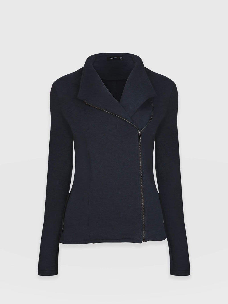 Cotton Biker Jacket Navy - Women's Jackets | Saint + Sofia® USA