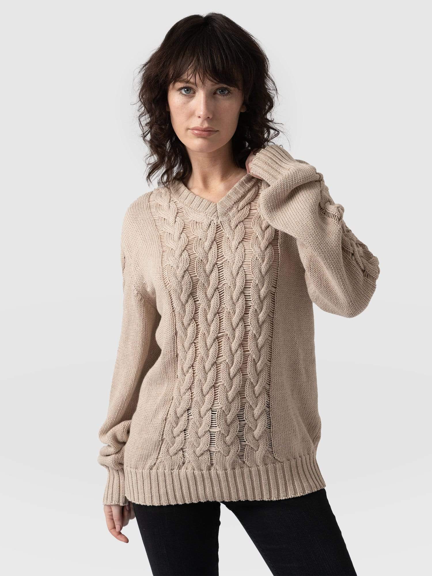 Cotton Cable Knit sweater Beige Women's Sweaters Saint + Sofia® USAA