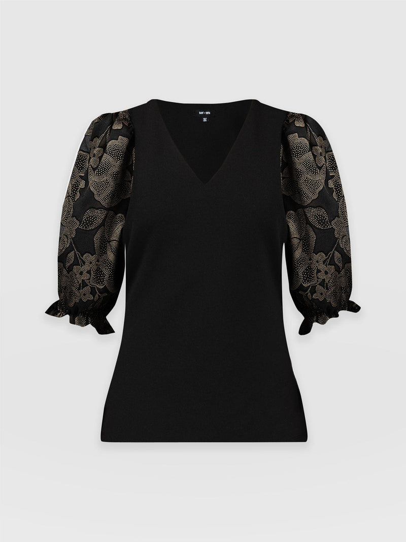 Tori Puff Sleeve Top - Black & Gold Floral Burnout