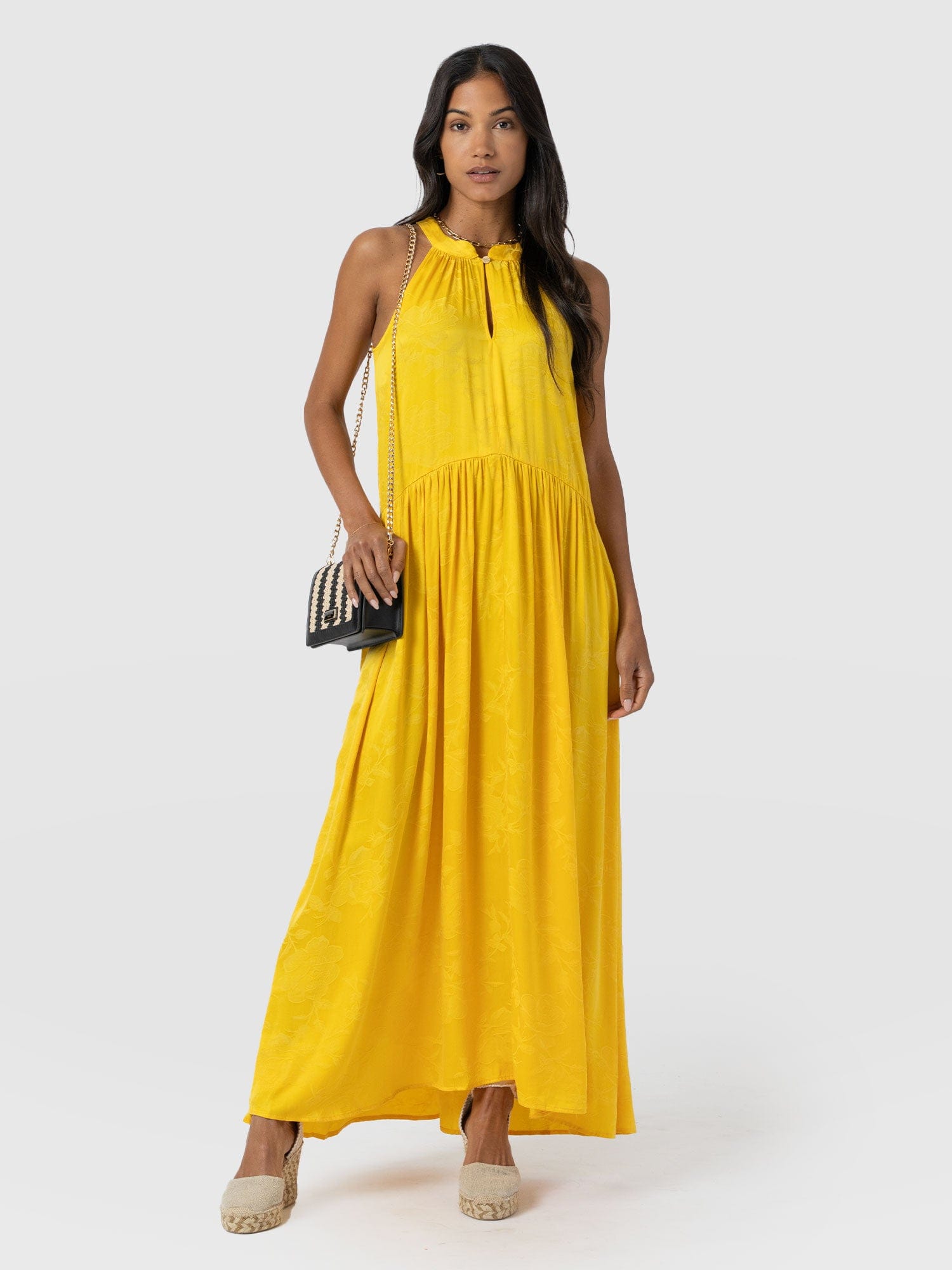 Zoey Halter Neck Dress - Yellow Jacquard